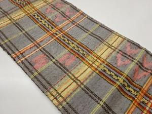 格子に抽象模様織出し名古屋帯